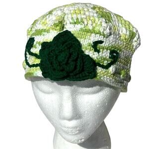 Green Flower Crochet Beanie